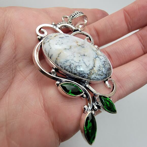 Sterling Silver Dendritic Agate and Green Quartz Pendant Necklace - 20" Chain - Picture 7 of 9